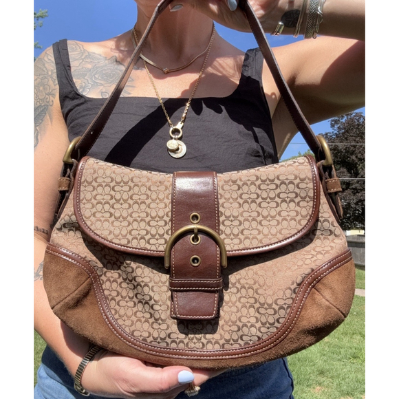 Y2K Coach Large SoHo Gold Hardware Buckle Flap Jacquard Brown Suede Shoulder Bag - Picture 10 of 16